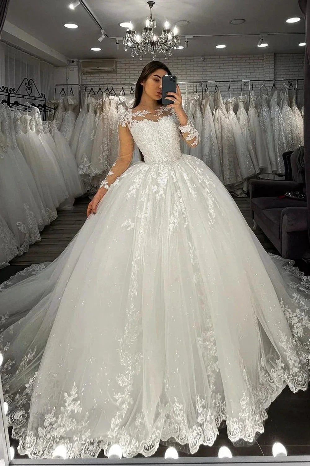 Long Ball Gown Sweetheart Appliques Lace Tulle Wedding Dress with Sleeves (ZD15993) - VelvetHem