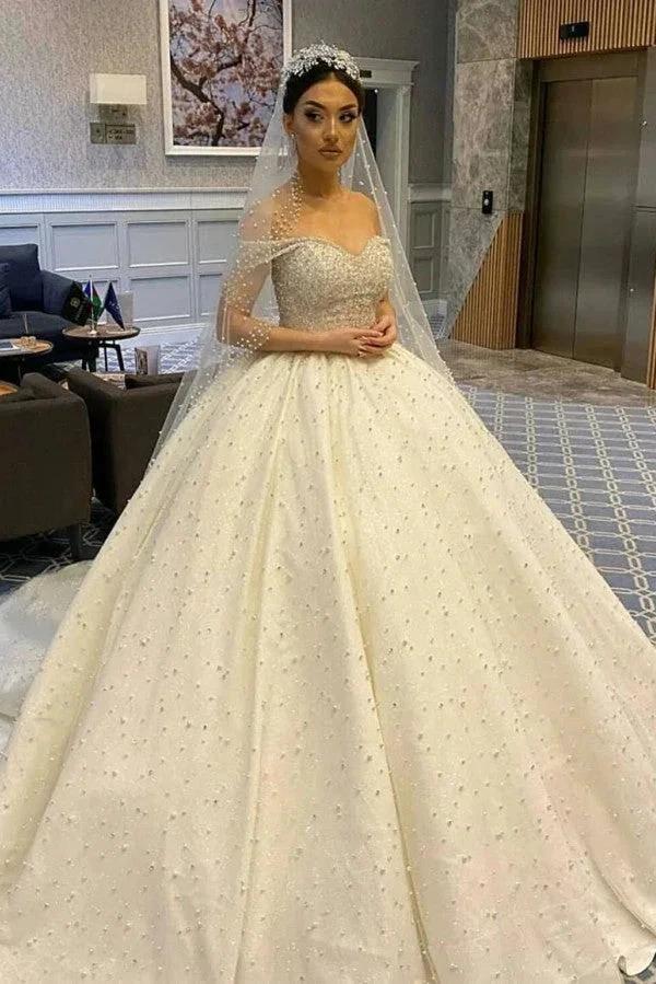 Long Ball Gown Sweetheart Off-the-Shoulder Backless Pearl Beading Ruffles Tulle Wedding Dress (ZD15110)
