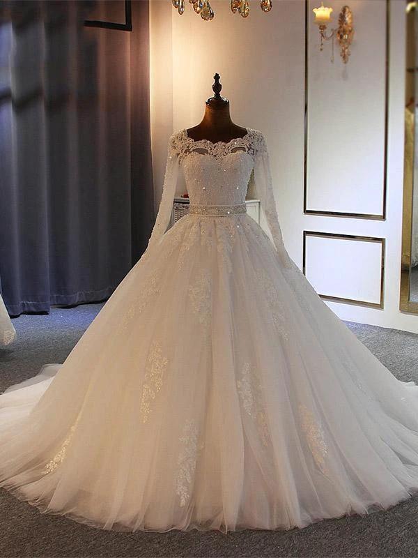 Long Ball Gown Sweetheart Tulle Lace Wedding Dresses with Sleeves (ZD15880)