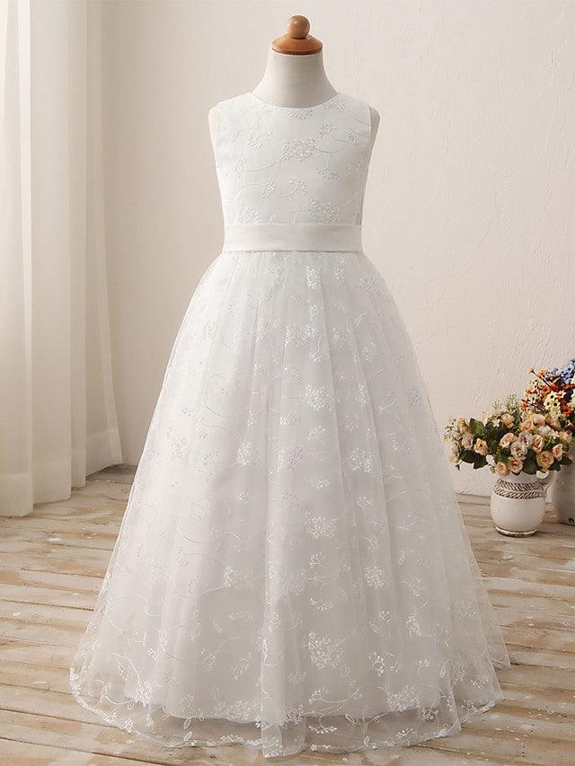 Long Ball Gown Tulle Cotton Jewel Neck First Communion Birthday Flower Girl Dresses - View 3 | VelvetHem