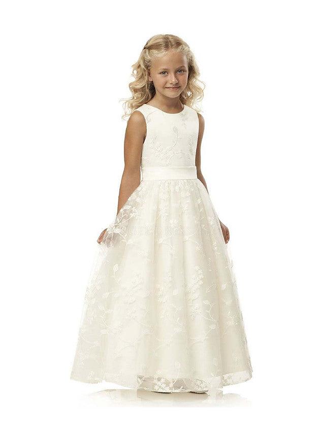 Long Ball Gown Tulle Cotton Jewel Neck First Communion Birthday Flower Girl Dresses - VelvetHem