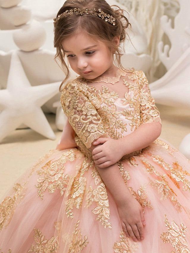 Long Ball Gown Tulle Half Sleeve Jewel Neck Wedding Party Flower Girl Dresses - View 2 | VelvetHem