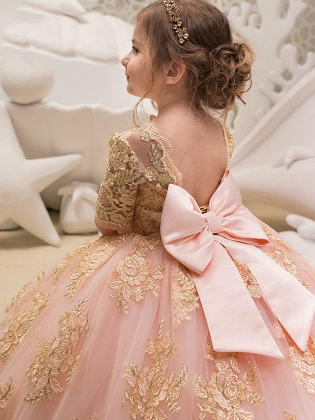 Long Ball Gown Tulle Half Sleeve Jewel Neck Wedding Party Flower Girl Dresses - View 3 | VelvetHem