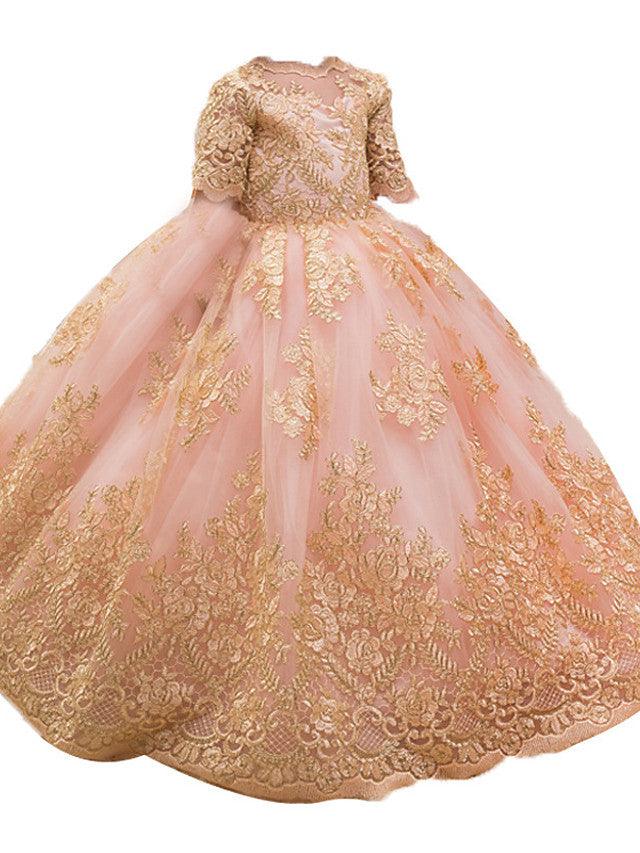 Long Ball Gown Tulle Half Sleeve Jewel Neck Wedding Party Flower Girl Dresses