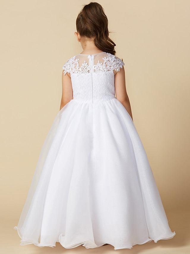 Long Ball Gown Tulle Jewel Neck Wedding First Communion Flower Girl Dresses with Sleeves - View 2 | VelvetHem