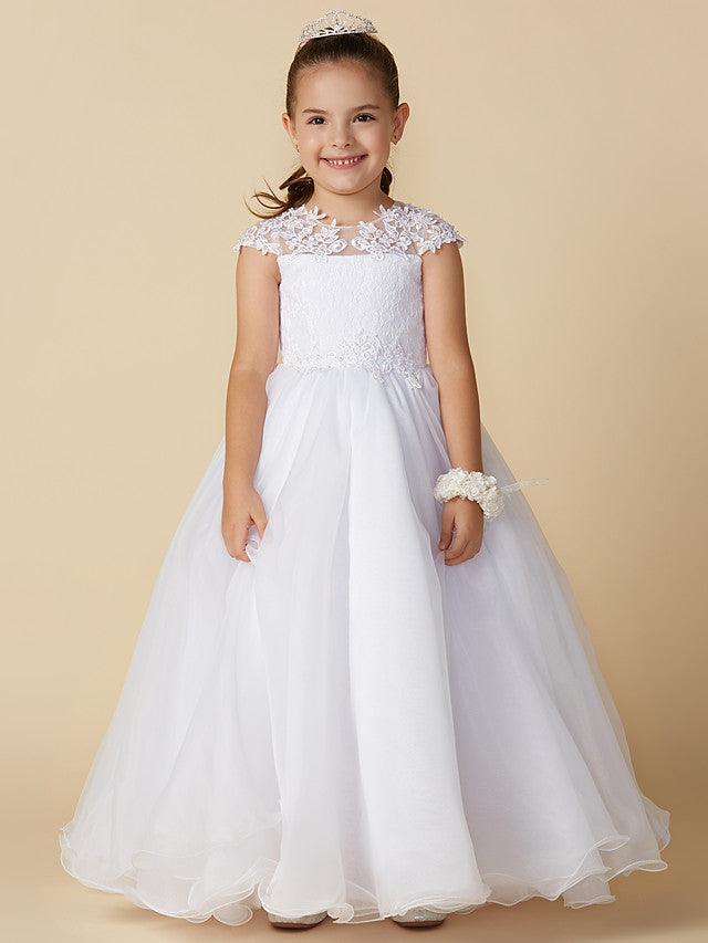 Long Ball Gown Tulle Jewel Neck Wedding First Communion Flower Girl Dresses with Sleeves - View 3 | VelvetHem
