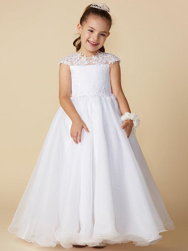 Long Ball Gown Tulle Jewel Neck Wedding First Communion Flower Girl Dresses with Sleeves - View 4 | VelvetHem