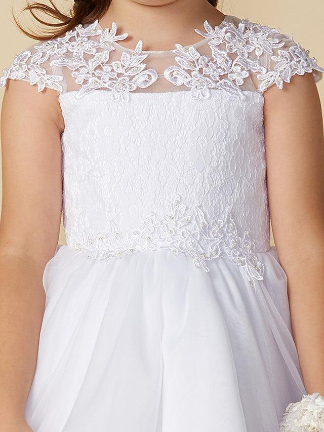 Long Ball Gown Tulle Jewel Neck Wedding First Communion Flower Girl Dresses with Sleeves - View 5 | VelvetHem