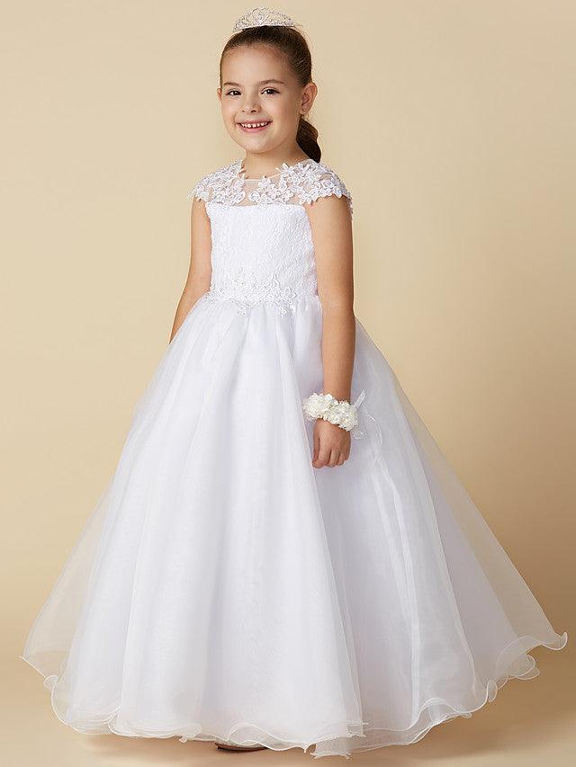 Long Ball Gown Tulle Jewel Neck Wedding First Communion Flower Girl Dresses with Sleeves - VelvetHem