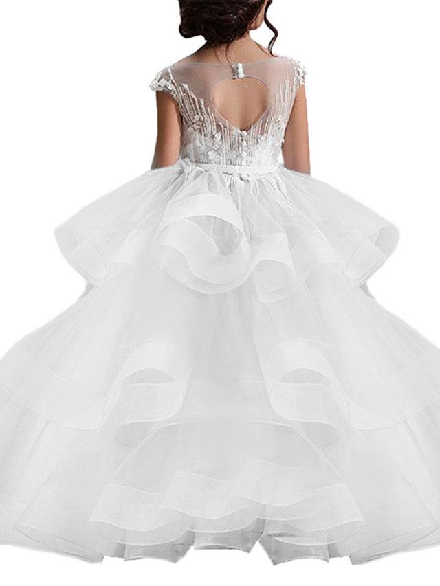 Long Ball Gown Tulle Lace Pageant Flower Girl Dresses with Sleeves - View 2 | VelvetHem