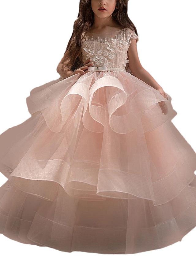Long Ball Gown Tulle Lace Pageant Flower Girl Dresses with Sleeves - View 3 | VelvetHem