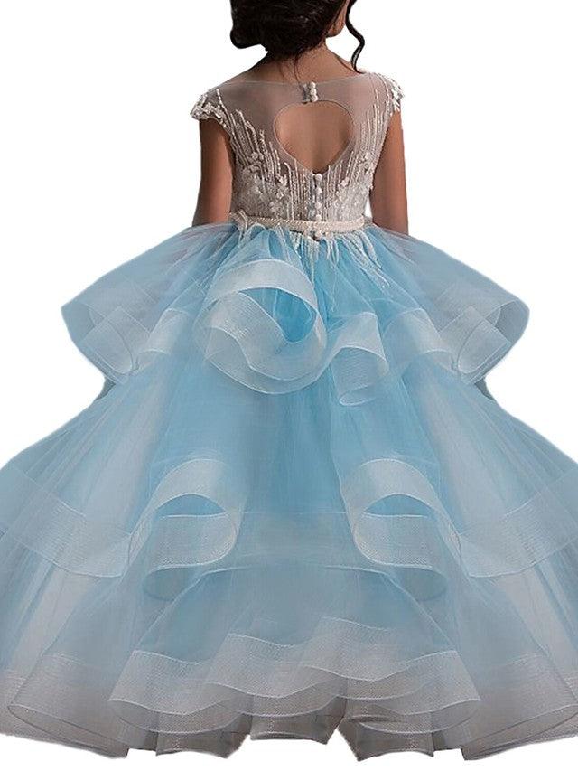 Long Ball Gown Tulle Lace Pageant Flower Girl Dresses with Sleeves - View 4 | VelvetHem