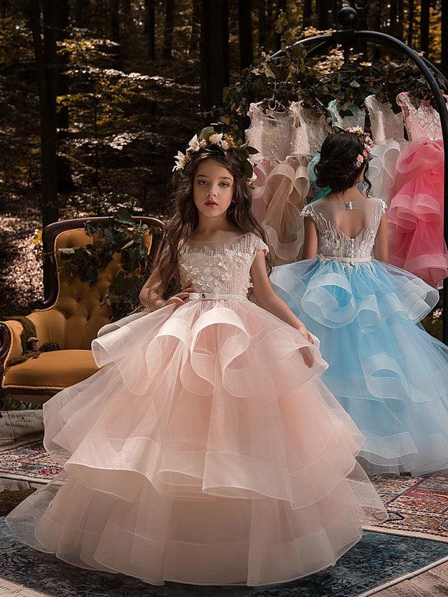 Long Ball Gown Tulle Lace Pageant Flower Girl Dresses with Sleeves - VelvetHem
