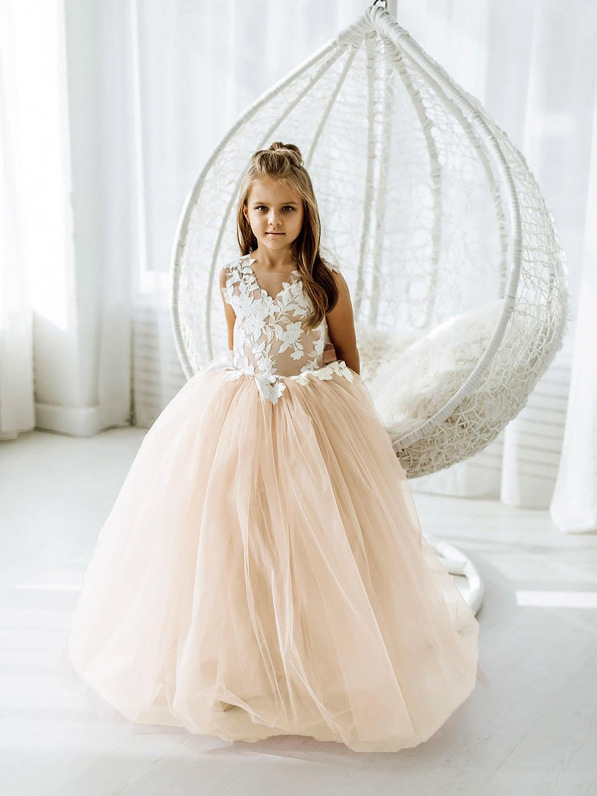 Long Ball Gown Tulle Lace Sleeveless Flower Girl Dress with Bow - View 2 | VelvetHem