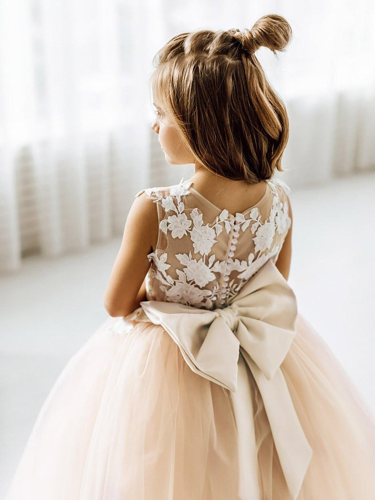 Long Ball Gown Tulle Lace Sleeveless Flower Girl Dress with Bow - View 3 | VelvetHem