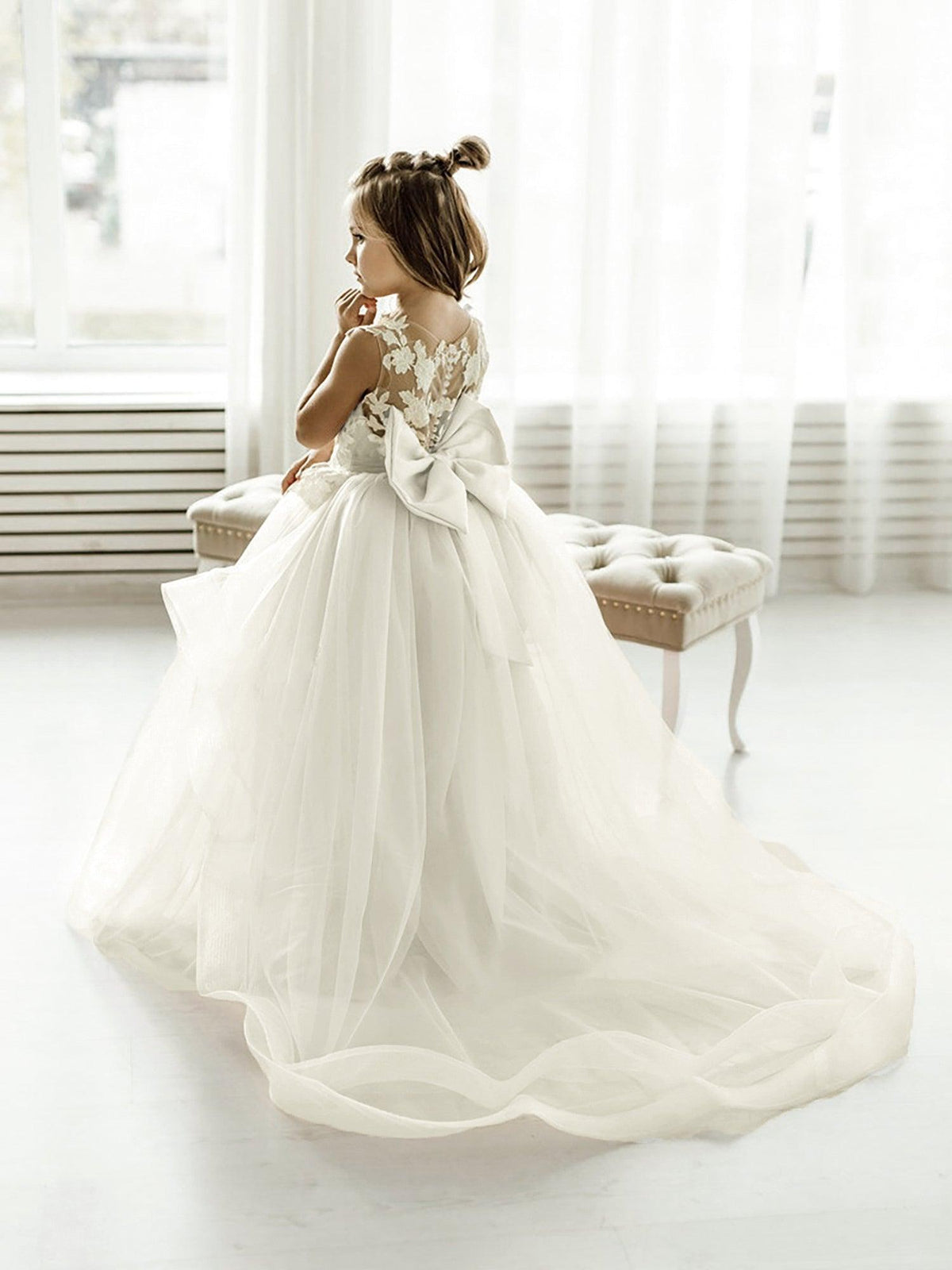Long Ball Gown Tulle Lace Sleeveless Flower Girl Dress with Bow - View 5 | VelvetHem