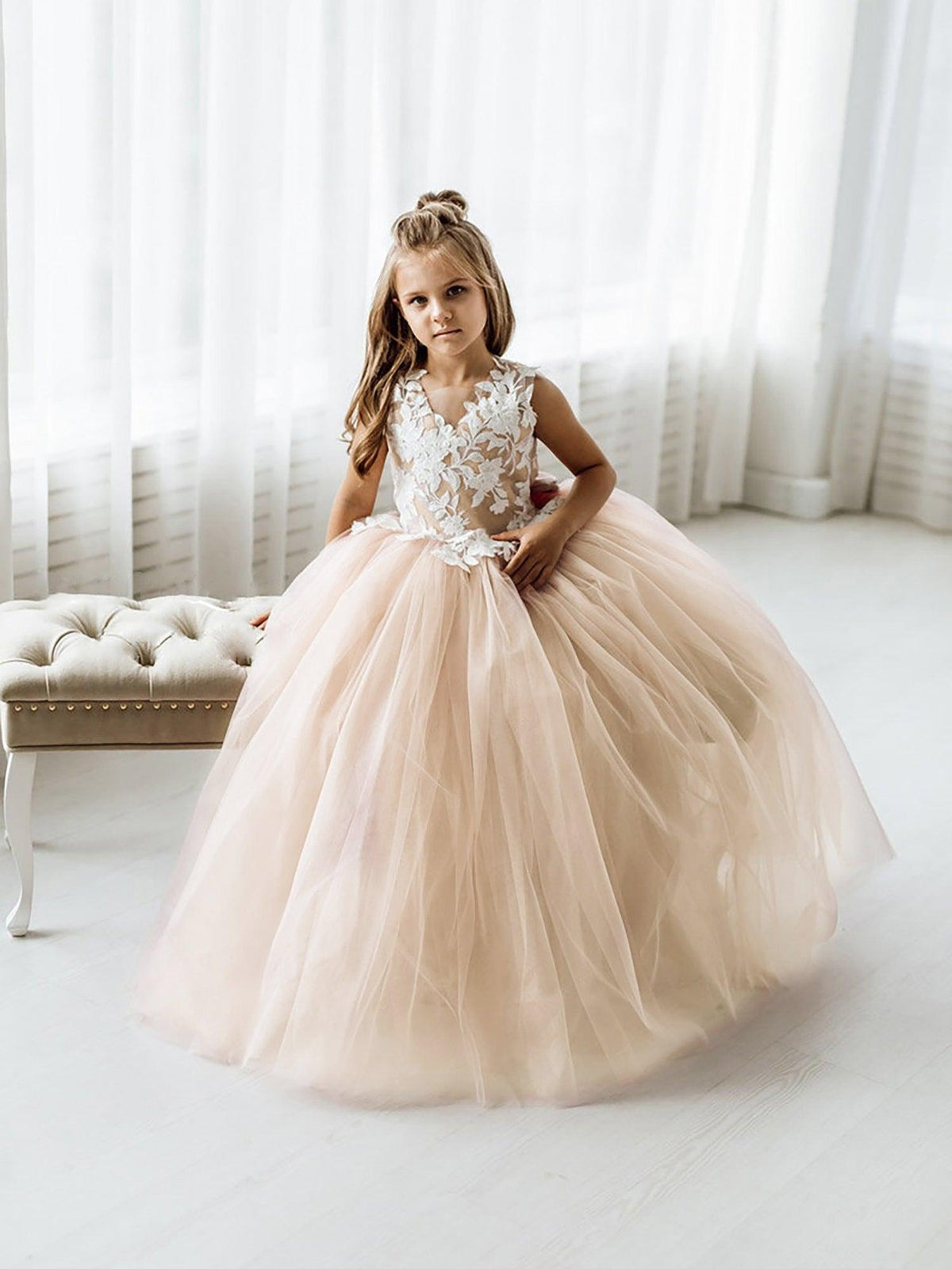 Long Ball Gown Tulle Lace Sleeveless Flower Girl Dress with Bow - View 6 | VelvetHem