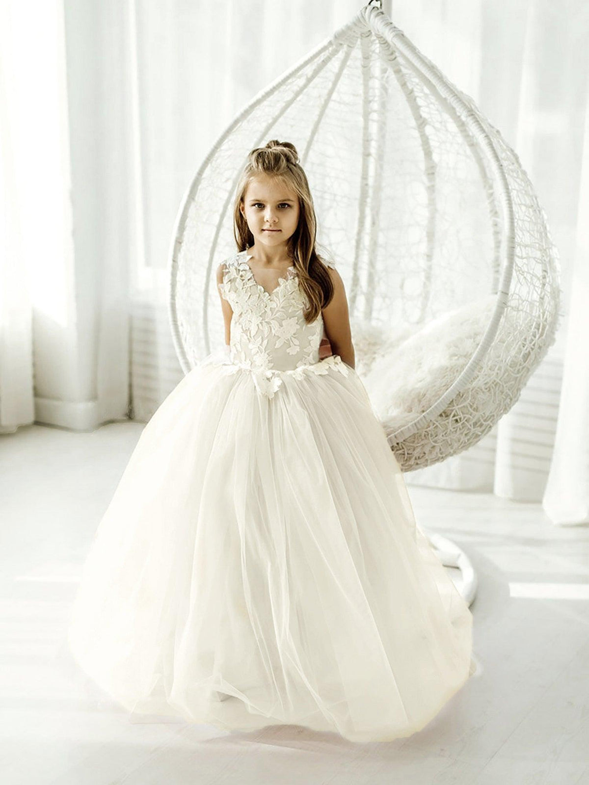 Long Ball Gown Tulle Lace Sleeveless Flower Girl Dress with Bow - View 8 | VelvetHem
