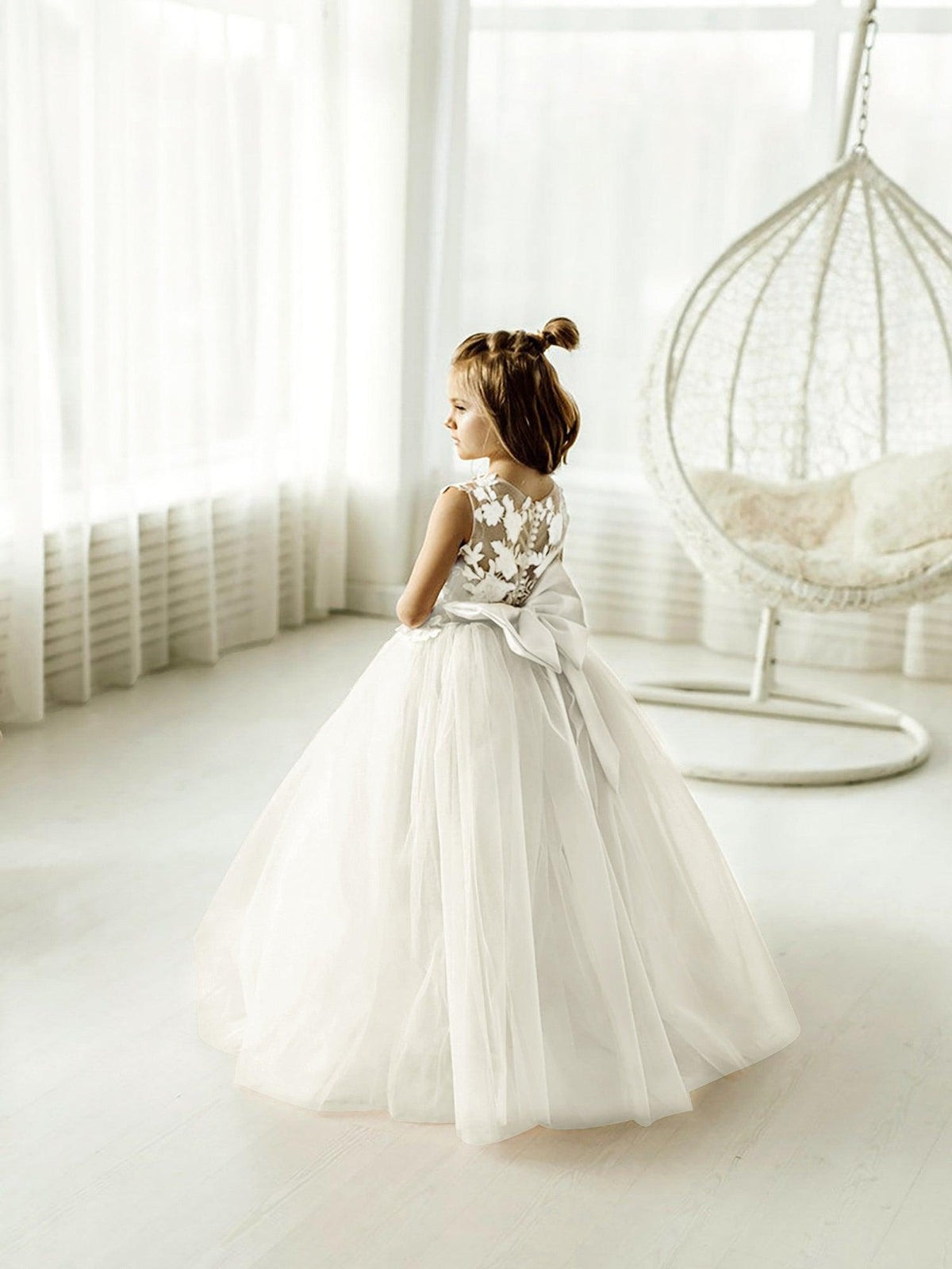 Long Ball Gown Tulle Lace Sleeveless Flower Girl Dress with Bow - View 9 | VelvetHem