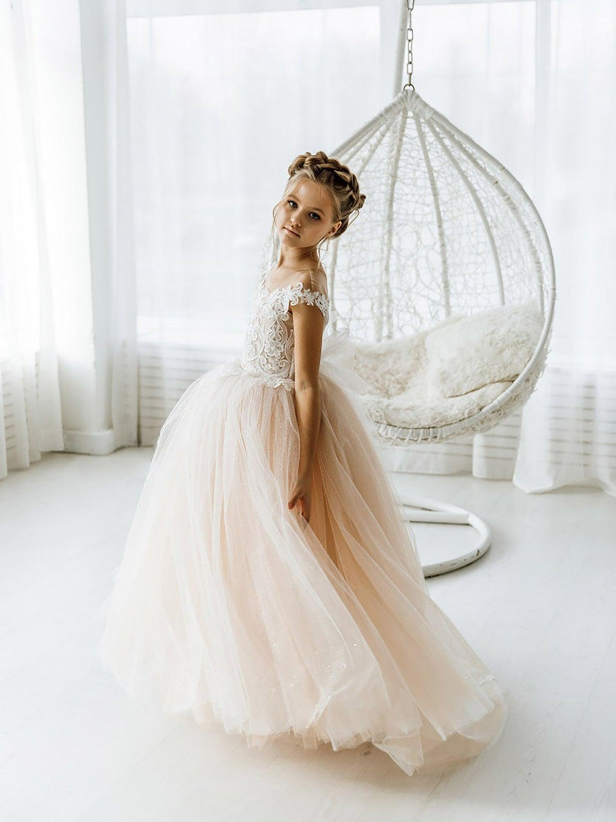 Long Ball Gown Tulle Open Back Boho Flower Girl Dresses with bow - View 2 | VelvetHem
