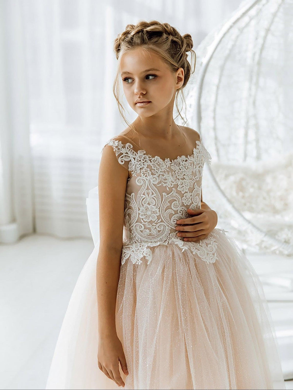 Long Ball Gown Tulle Open Back Boho Flower Girl Dresses with bow - View 4 | VelvetHem