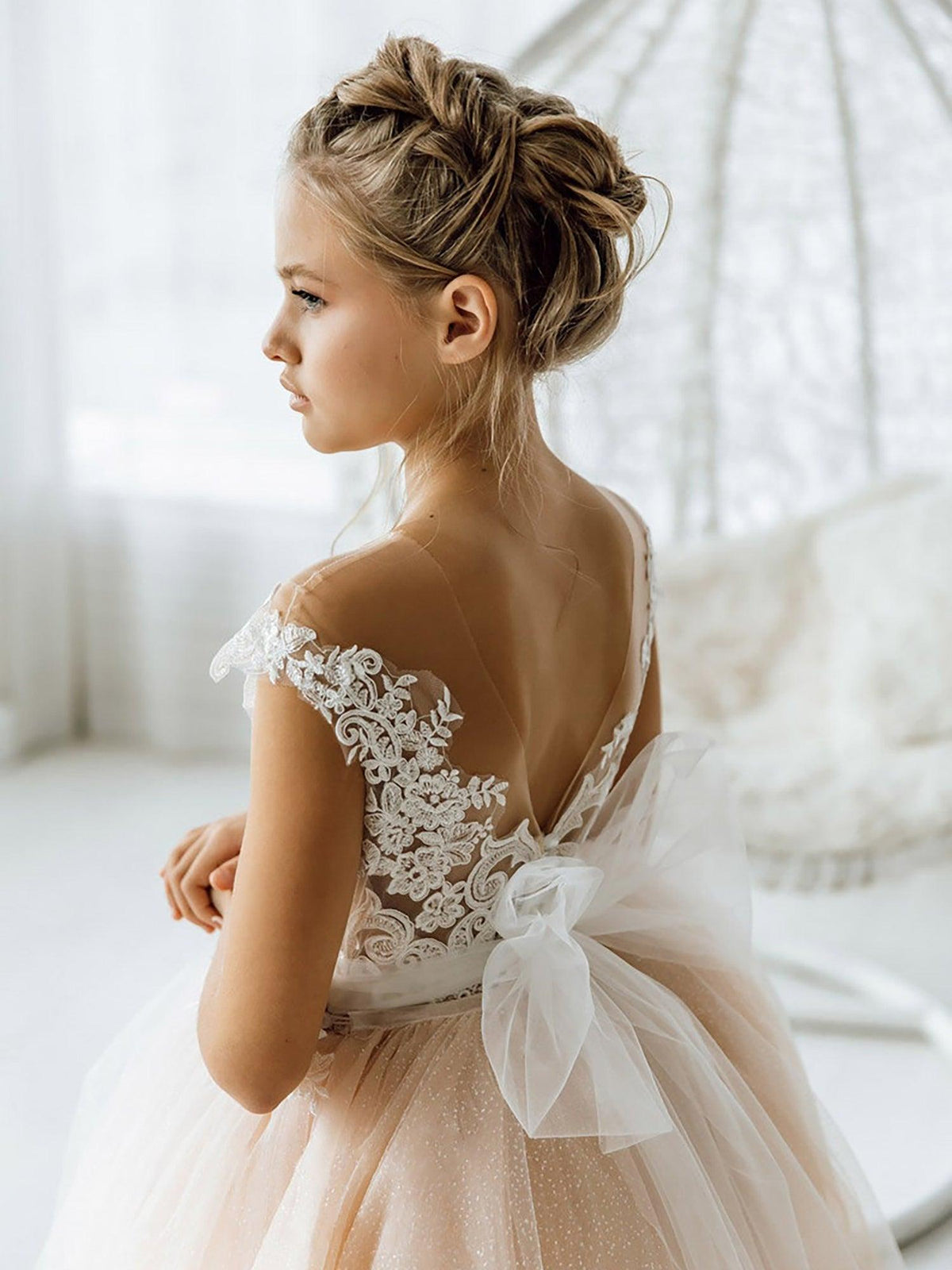 Long Ball Gown Tulle Open Back Boho Flower Girl Dresses with bow - View 5 | VelvetHem