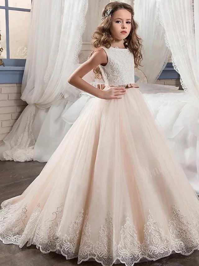 Long Ball Gown Tulle Sleeveless Jewel Neck Wedding Party Flower Girl Dresses - VelvetHem