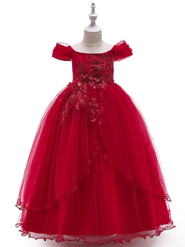Long Ball Gown Tulle Sleeveless Off The Shoulder Wedding Party Flower Girl Dresses - VelvetHem