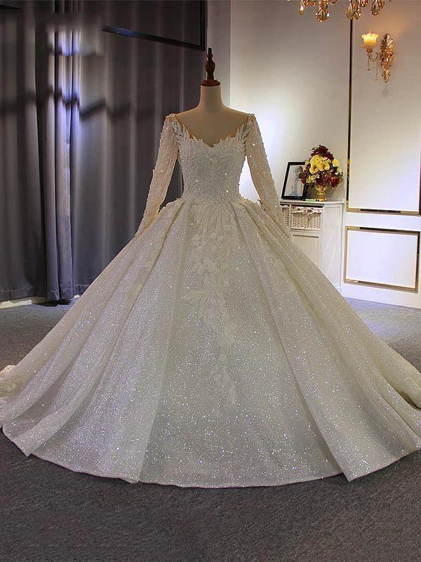 Long Ball Gown V Neck Sequins Wedding Dresses with Sleeves (ZD15901)