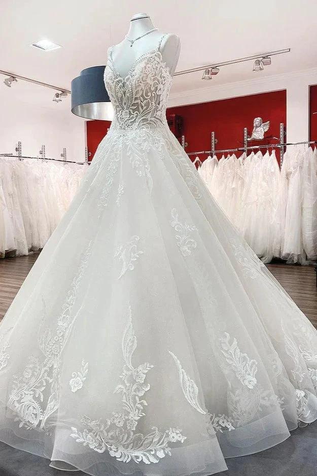 Long Ball Gown V-neck Spaghetti Straps Tulle Lace Wedding Dress (ZD15159) - View 3 | VelvetHem