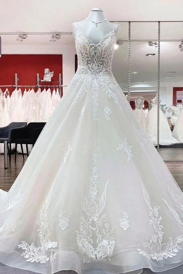 Long Ball Gown V-neck Spaghetti Straps Tulle Lace Wedding Dress (ZD15159)