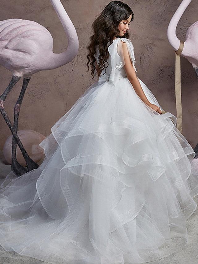 Long Ball Gown V Neck Tulle Party Birthday Flower Girl Dresses - View 2 | VelvetHem