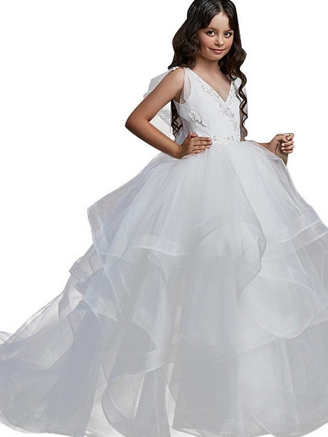 Long Ball Gown V Neck Tulle Party Birthday Flower Girl Dresses - View 3 | VelvetHem
