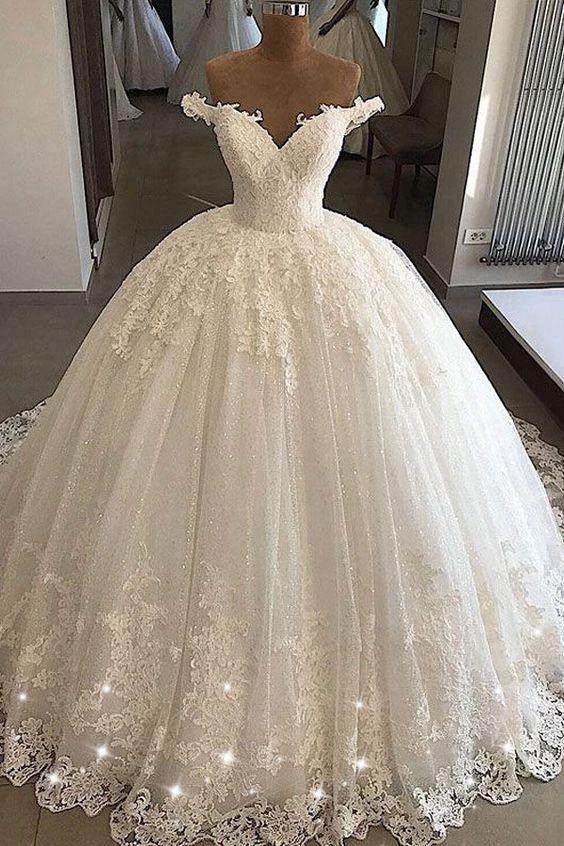 Long Ball Gowns Off-the-shoulder Lace Tulle Wedding Dresses (ZD14467) - VelvetHem