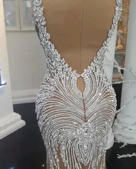 Long Champagne V-Neck Beading Backless Mermaid Wedding Dresses (ZD14433)