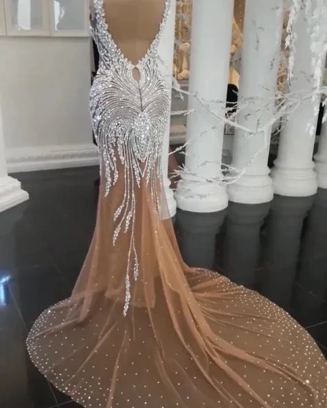 Long Champagne V-Neck Beading Backless Mermaid Wedding Dresses (ZD14433)