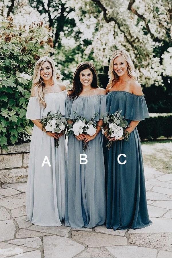 Long Chiffon Off The Shoulder Slate Gray Bridesmaid Dresses BD077 by pgmdress