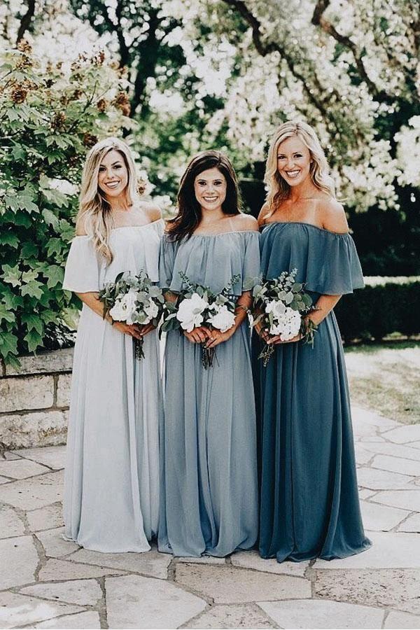 Long Chiffon Off The Shoulder Slate Gray Bridesmaid Dresses (ZD13250)