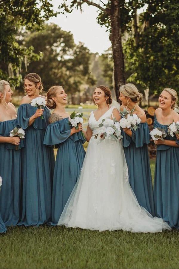Long Chiffon Off The Shoulder Slate Gray Bridesmaid Dresses (ZD13250)