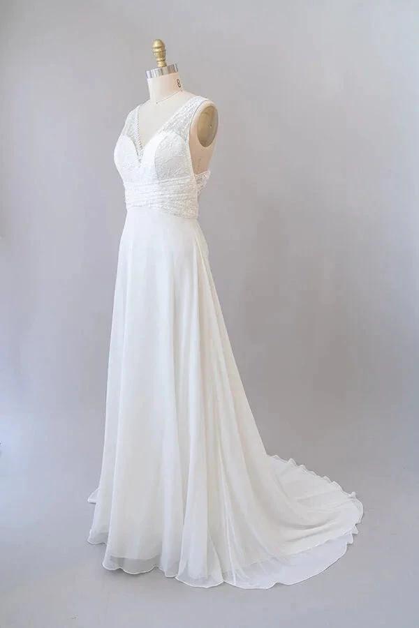 Long Empire A-line V-neck Lace Chiffon Open Back Wedding Dress (ZD14390)