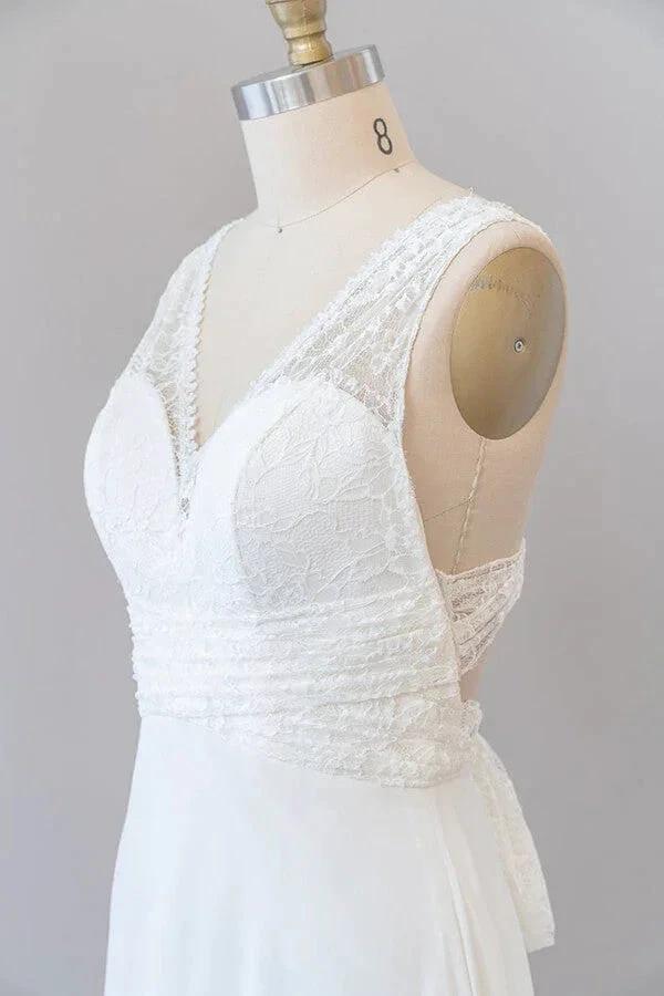 Long Empire A-line V-neck Lace Chiffon Open Back Wedding Dress (ZD14390)