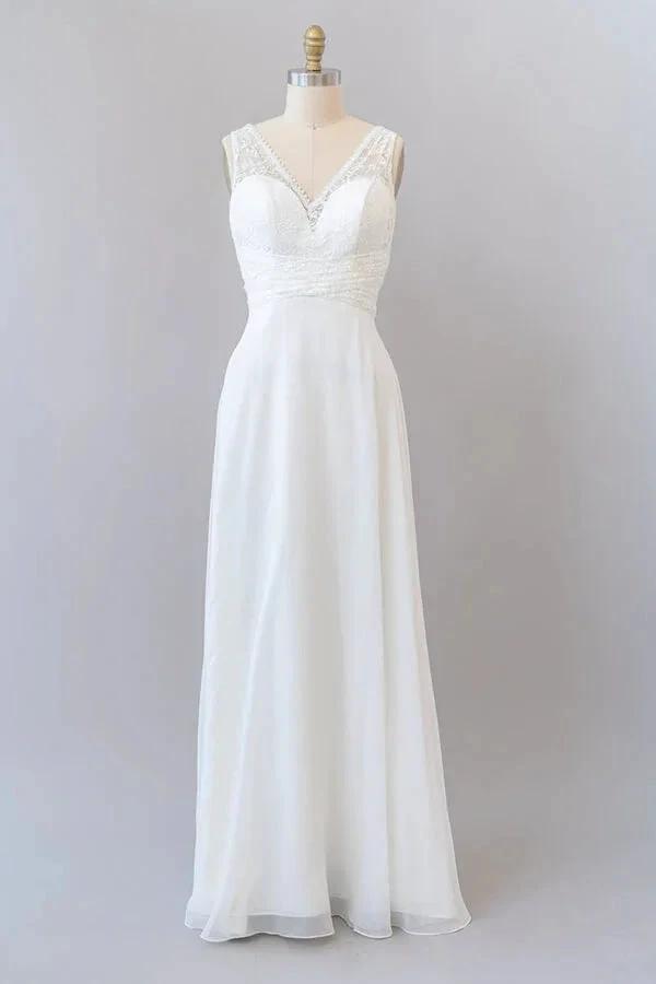 Long Empire A-line V-neck Lace Chiffon Open Back Wedding Dress (ZD14390)