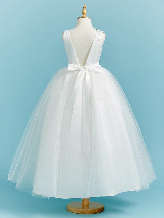 Long Flower Girl Dresses Ball Gown Crew Neck Lace Tulle Junior Bridesmaid Dress - View 2 | VelvetHem