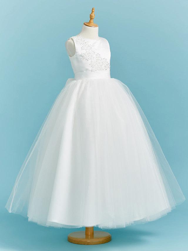 Long Flower Girl Dresses Ball Gown Crew Neck Lace Tulle Junior Bridesmaid Dress - View 3 | VelvetHem