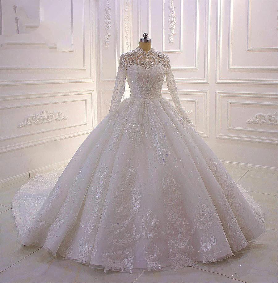 Long High neck Appliques Lace Ball Gown Wedding Dress with Sleeves (ZD15186) - View 2 | VelvetHem