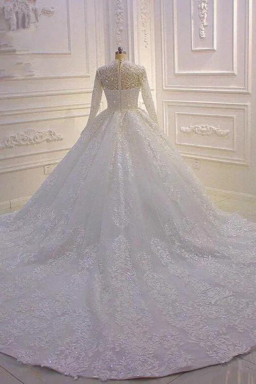 Long High neck Appliques Lace Ball Gown Wedding Dress with Sleeves (ZD15186) - View 3 | VelvetHem