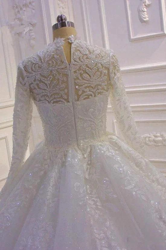 Long High neck Appliques Lace Ball Gown Wedding Dress with Sleeves (ZD15186) - View 5 | VelvetHem