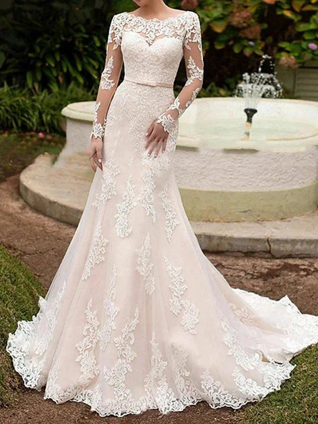 Long Mermaid Bateau Neck Sweep Brush Train Lace Wedding Dresses with Sleeves (ZD15960) - VelvetHem