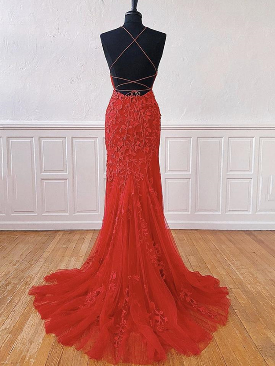 Long Mermaid Halter Tulle Lace Open Back Formal Graduation Prom Dresses - View 2 | VelvetHem