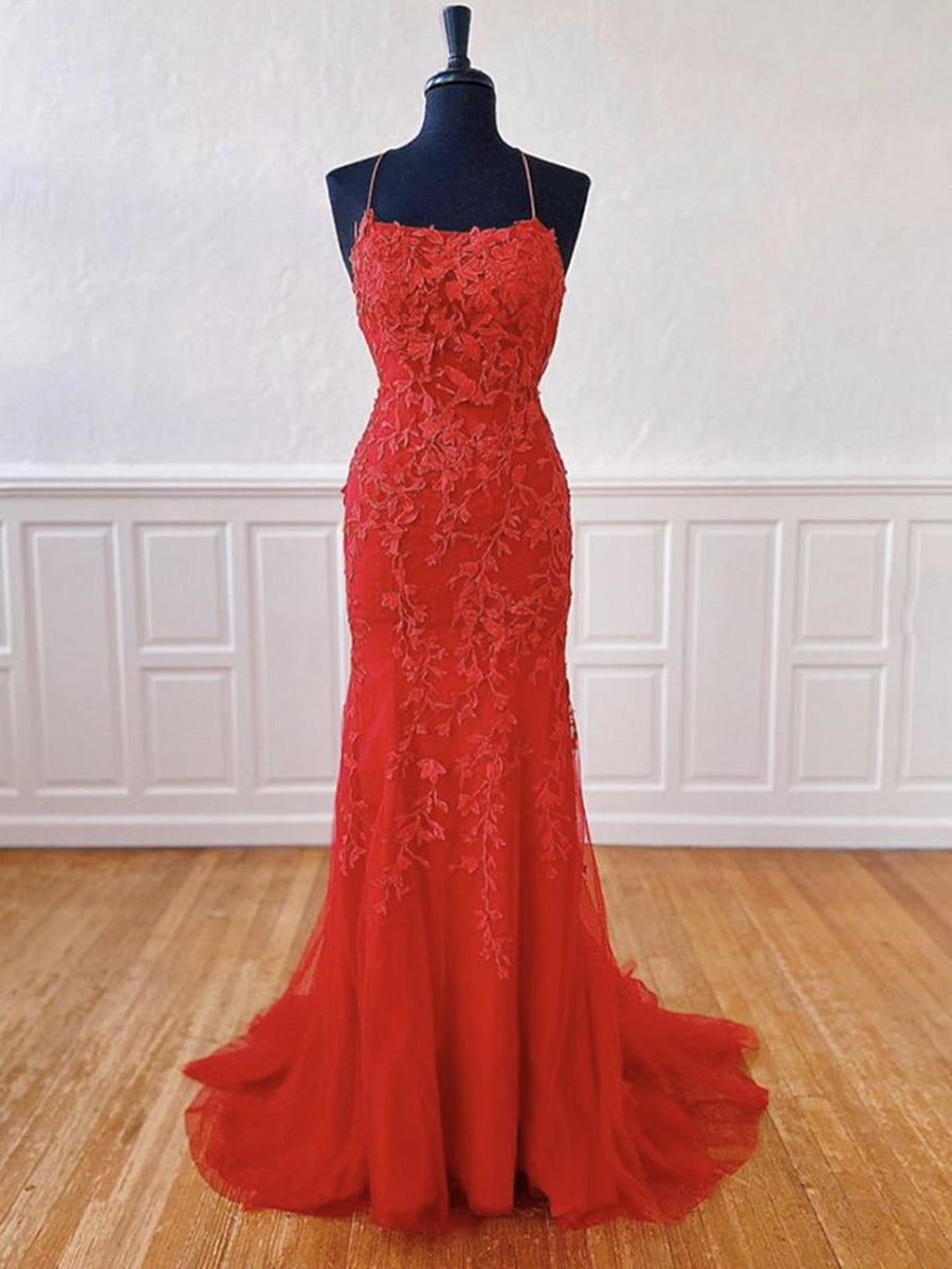 Long Mermaid Halter Tulle Lace Open Back Formal Graduation Prom Dresses - VelvetHem